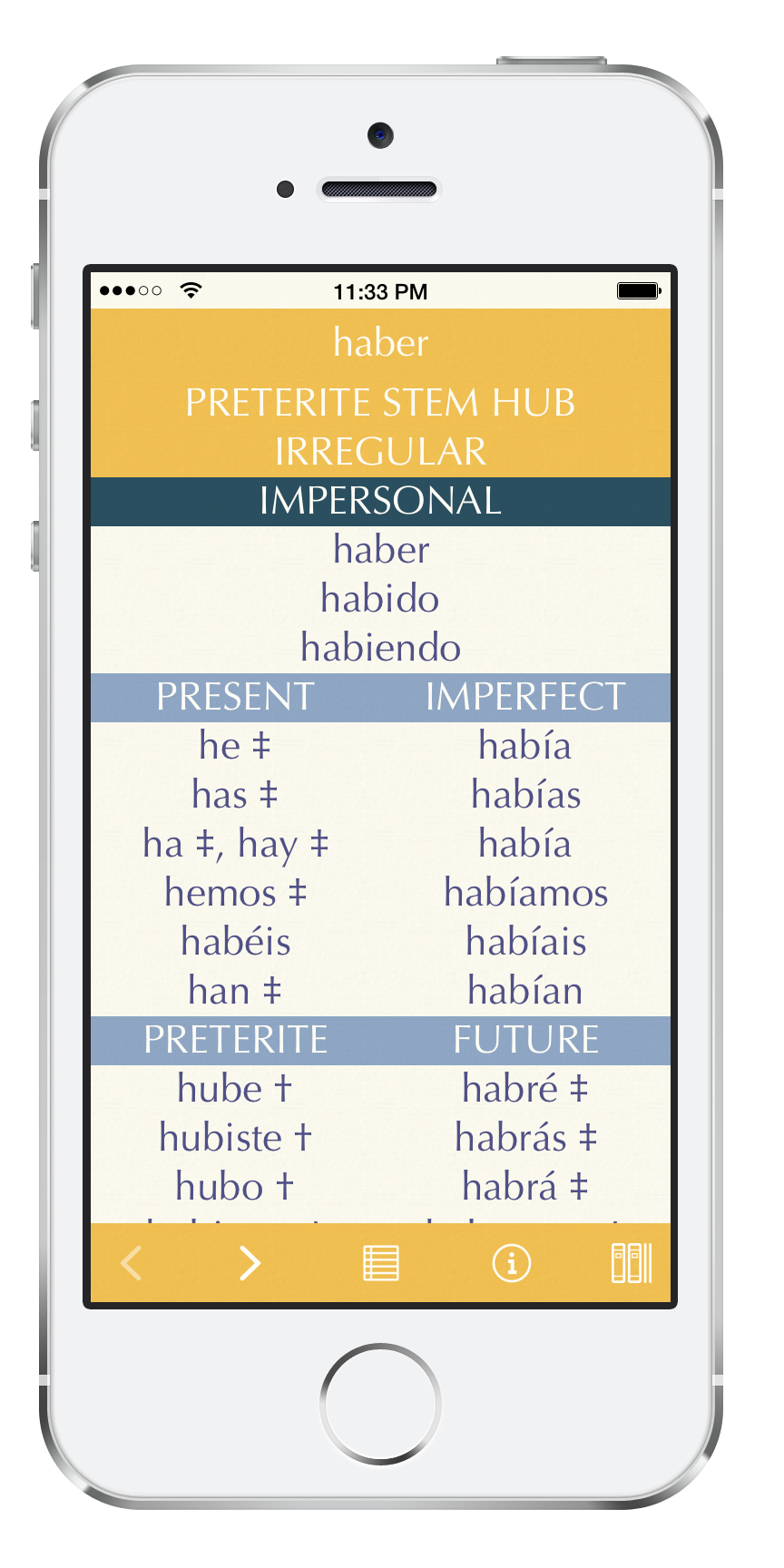 Screenshot of Callionica Conjugations ES - a reference app with over 3000 Spanish verbs and their inflected forms.